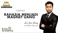 a man in a suit with the words strategy rahasa menadi magnet uang