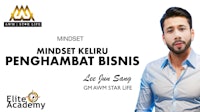 a man in a blue shirt with the words mindset keluu pengambat bisnis